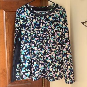 Black Long Sleeve Rashguard/Sun Shirt with Pastel Floral Leaf Print